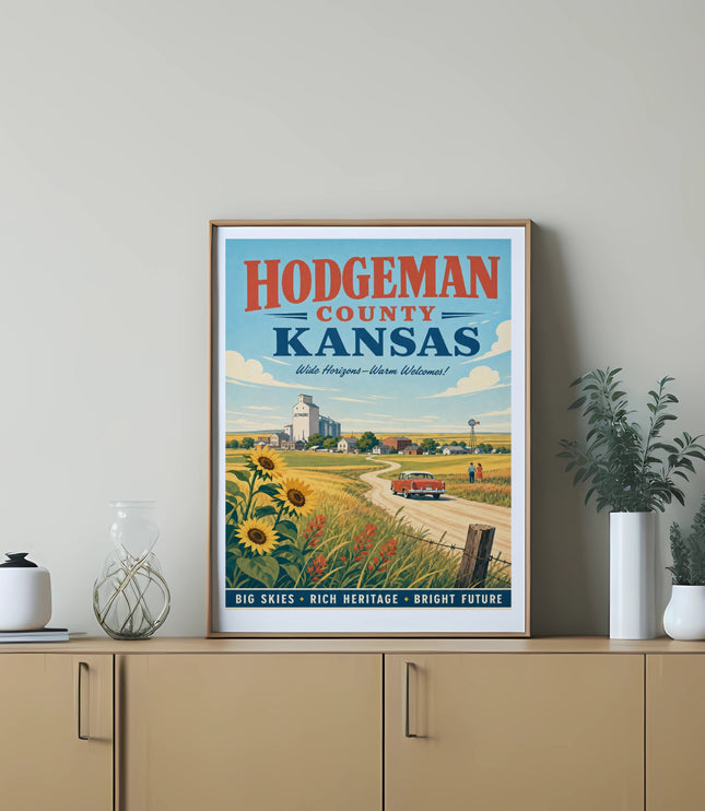 Hodgeman County, Kansas vintage travel poster with farm scene and text.