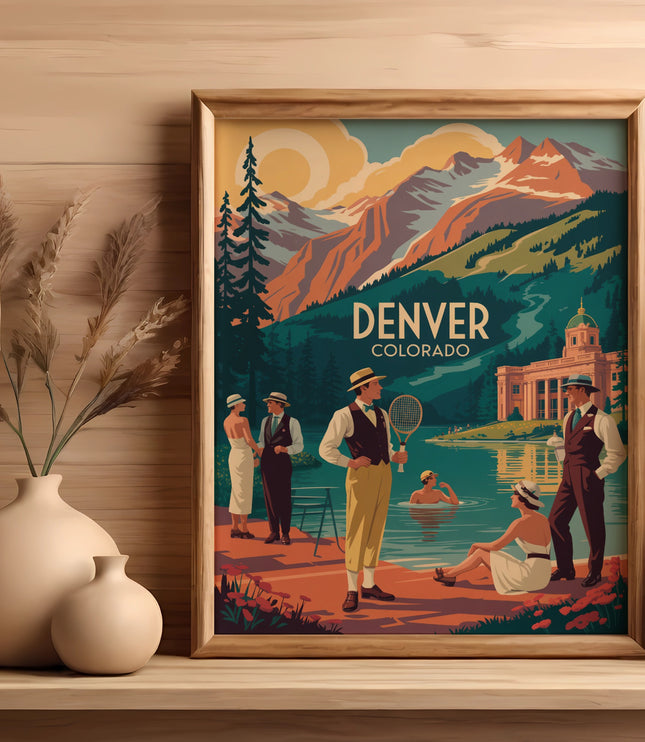 Vintage travel poster for Denver, Colorado featuring people by a lake and mountains.