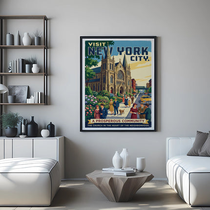 Vintage "Visit New York City" poster featuring a church and people on a street.