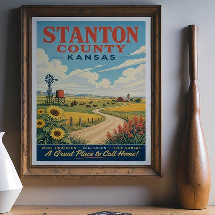 Stanton County, Kansas travel poster with windmill, sunflowers, and text.