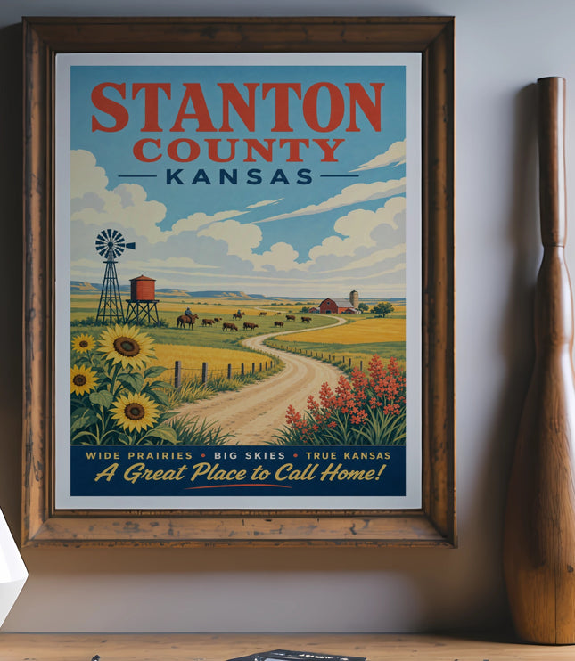 Stanton County, Kansas travel poster with windmill, sunflowers, and text.