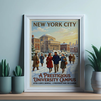 New York City campus poster with "A Prestigious University Campus" text.