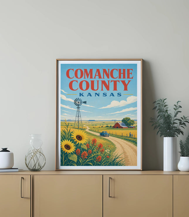 Vintage art print for Comanche County, Kansas, featuring sunflowers, a windmill, and a farm.