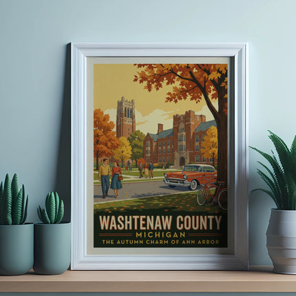 Washtenaw County Michigan travel poster with autumn charm of Ann Arbor.