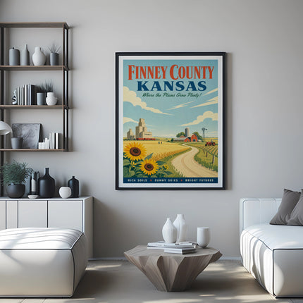 Finney County, Kansas poster with farm scene and text "Where the Plains Grow Plenty!"