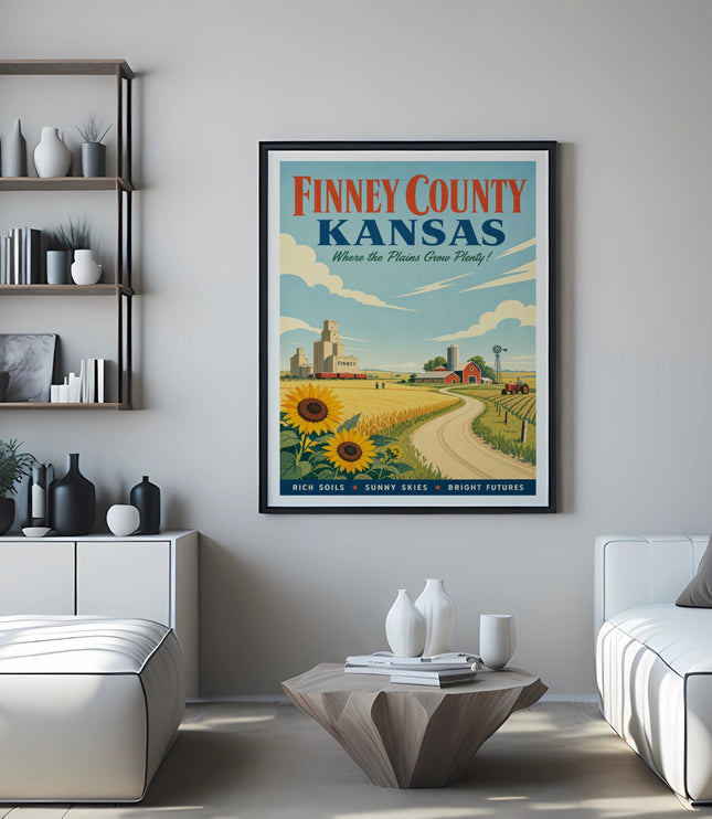 Finney County, Kansas poster with farm scene and text "Where the Plains Grow Plenty!"