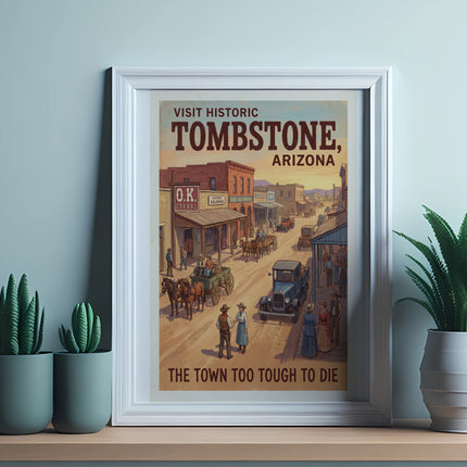 Vintage poster showing Tombstone, Arizona with text "The Town Too Tough To Die".