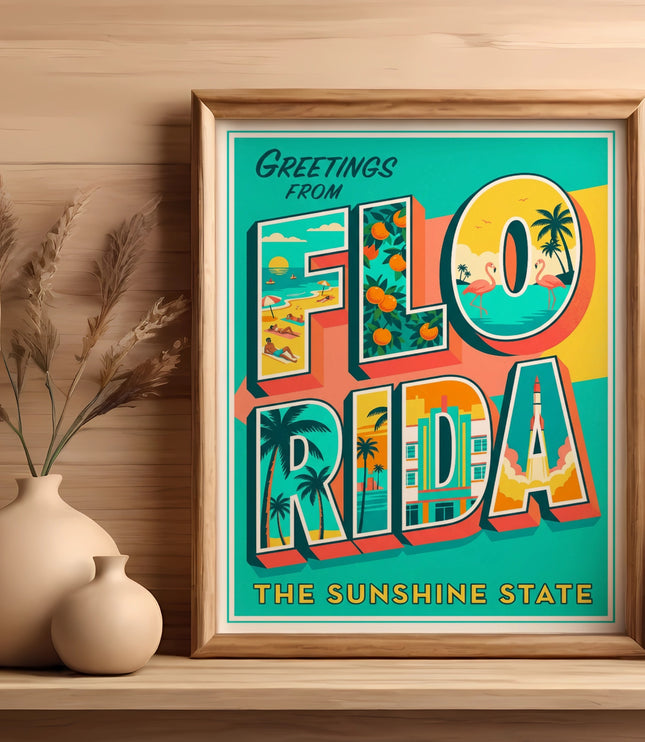 Framed "Greetings from Florida The Sunshine State" artwork with beach, oranges, flamingos, and rocket illustrations.