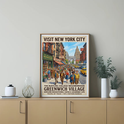 Vintage poster for Greenwich Village, NYC, featuring bookstores and cafes.