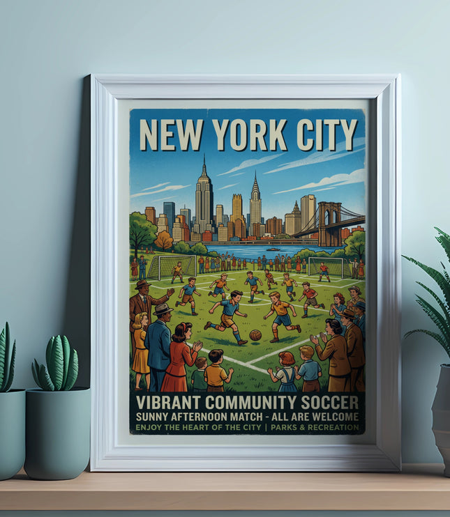 New York City poster with soccer game and skyline, titled "Vibrant Community Soccer".