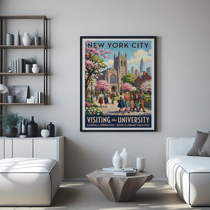 New York City poster with university buildings and people walking in spring.