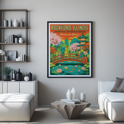 Framed poster of Anderson Japanese Gardens in Rockford, Illinois, with people on a bridge.