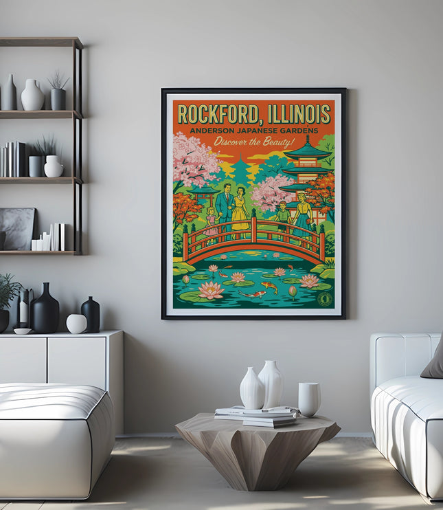 Framed poster of Anderson Japanese Gardens in Rockford, Illinois, with people on a bridge.