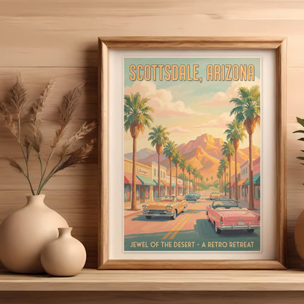 Retro Scottsdale Arizona street scene with palm trees, vintage cars, and mountains.