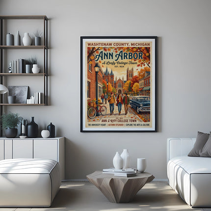 Ann Arbor watercolor print with text "A Leafy College Town" and autumn scene.