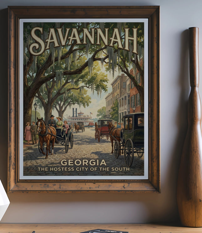 Savannah Georgia vintage travel poster with horse-drawn carriages and steamship.