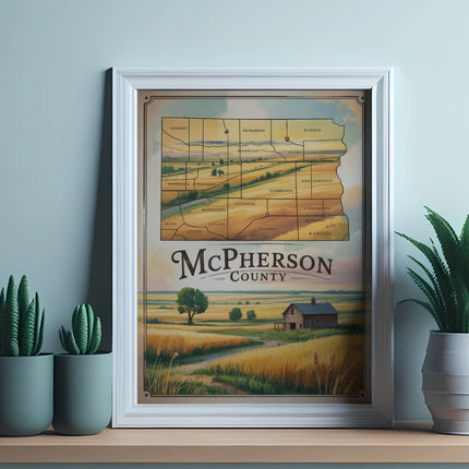 Framed map of McPherson County, Kansas, with a scenic landscape illustration.