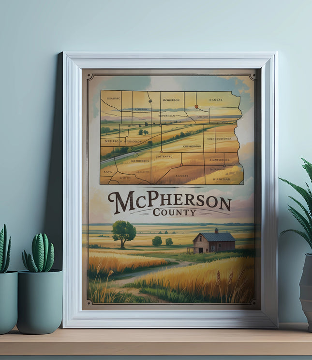 Framed map of McPherson County, Kansas, with a scenic landscape illustration.