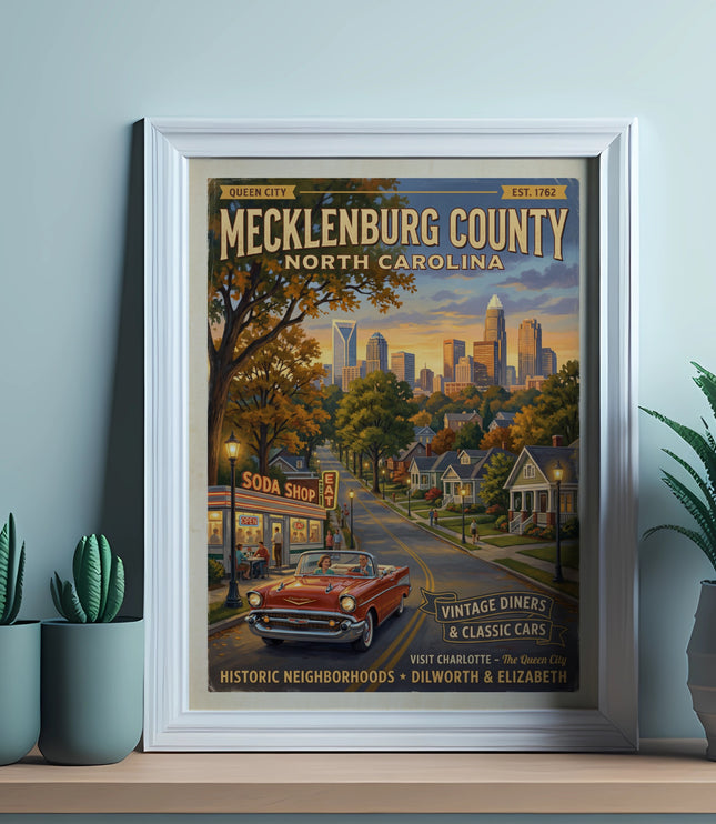 Vintage poster of Mecklenburg County, NC, featuring a red convertible driving past a soda shop.
