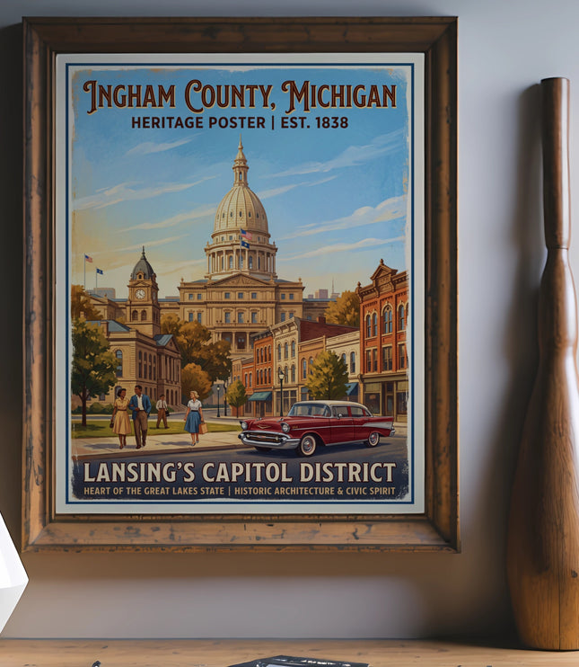 Ingham County, Michigan heritage poster featuring Lansing's Capitol District 1838.