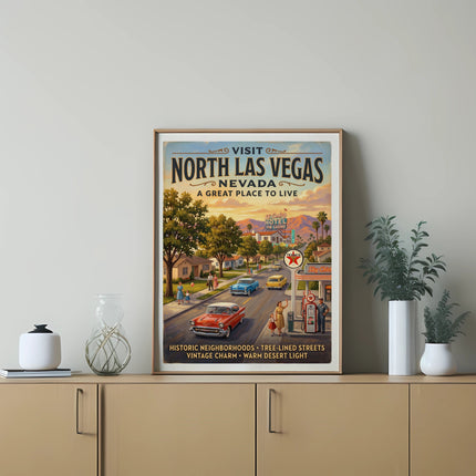Vintage poster featuring "Visit North Las Vegas Nevada" with street scene.