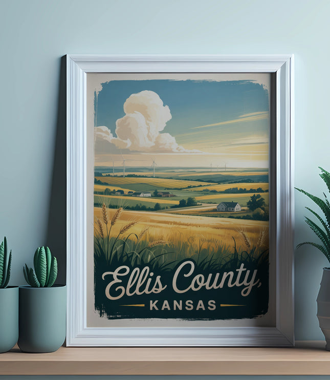Framed print of Ellis County, Kansas landscape with windmills and golden fields.