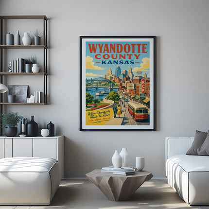 Wyandotte County Kansas poster with cityscape, river, and vintage trolley.