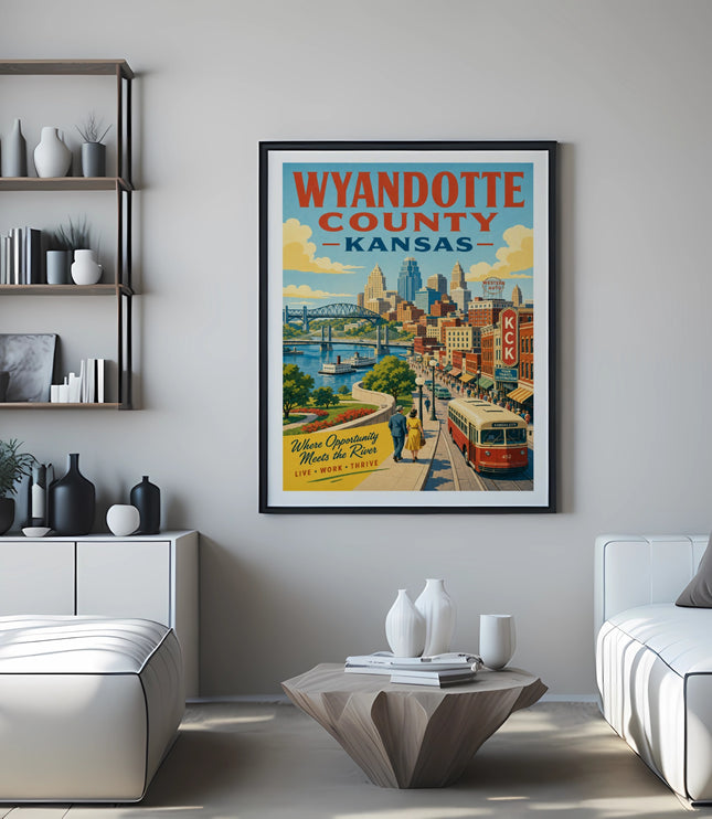 Wyandotte County Kansas poster with cityscape, river, and vintage trolley.