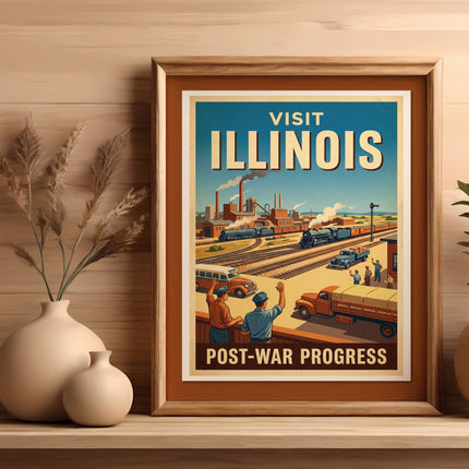 Vintage travel poster for Illinois, "Post-War Progress," featuring trains and cityscape.