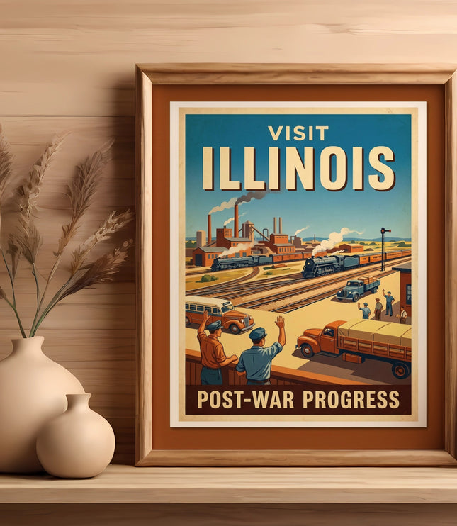 Vintage travel poster for Illinois, "Post-War Progress," featuring trains and cityscape.
