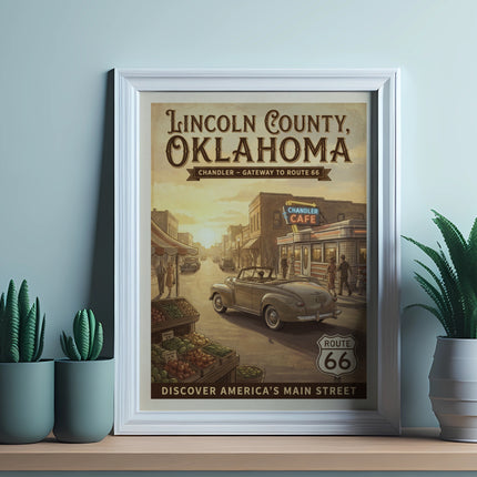 Vintage poster of Lincoln County, Oklahoma, featuring Chandler Cafe and Route 66.