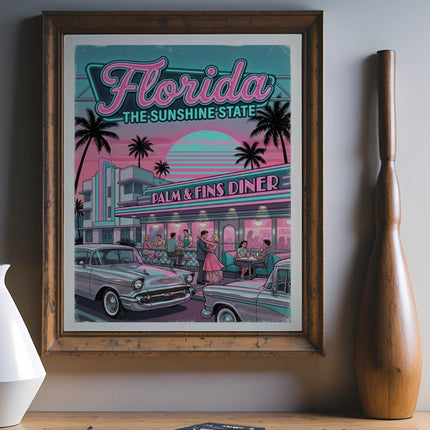 Retro Florida diner scene with palm trees and vintage cars.