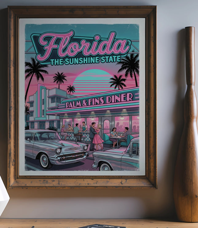 Retro Florida diner scene with palm trees and vintage cars.
