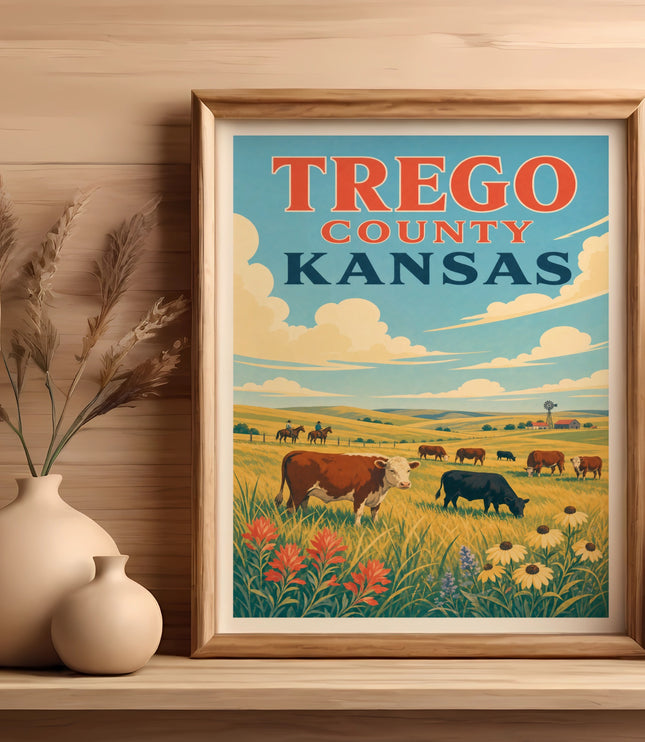 Vintage poster of cows grazing in a Kansas field, text "TREGO COUNTY KANSAS".