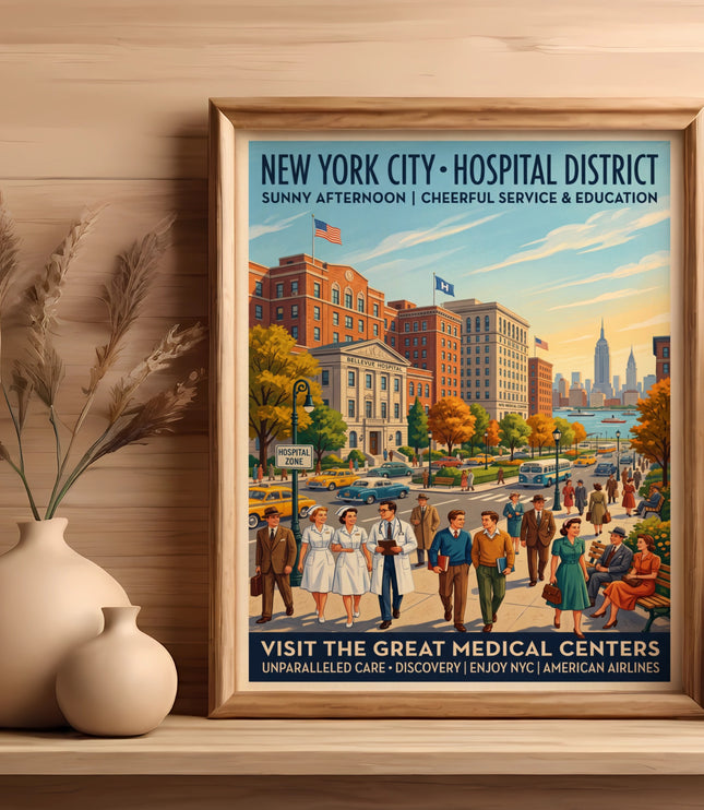 Vintage New York City Hospital District poster featuring Bellevue Hospital and city skyline.