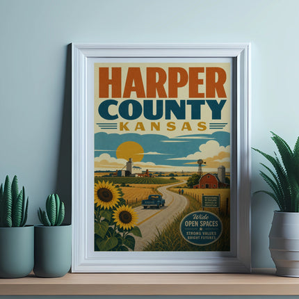 Harper County Kansas travel poster with farm scene and sunflowers.