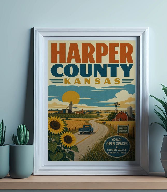 Harper County Kansas travel poster with farm scene and sunflowers.