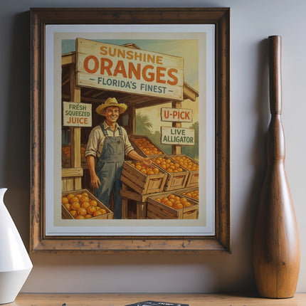 Man in overalls stands by crates of oranges with "Sunshine Oranges" sign.