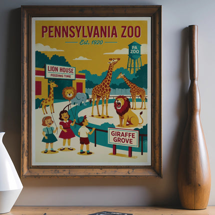 Pennsylvania Zoo poster featuring animals, children, and "Giraffe Grove" text.