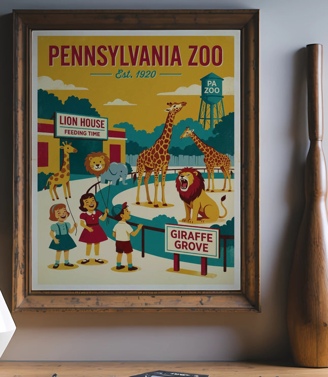 Pennsylvania Zoo poster featuring animals, children, and "Giraffe Grove" text.