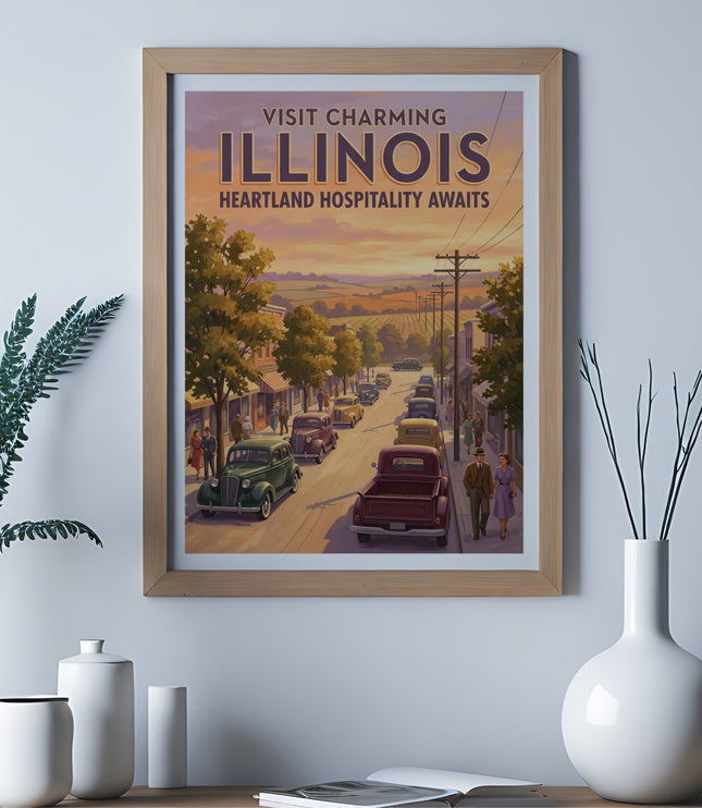 Vintage poster of Illinois showing a street scene with classic cars and buildings.