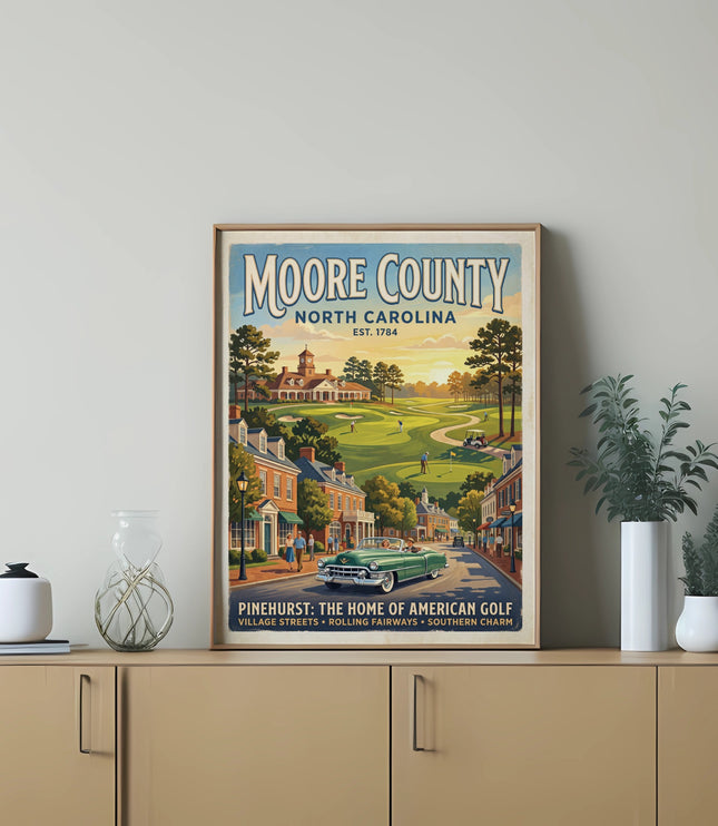 Vintage style poster for Moore County, North Carolina, showing a golf course and vintage car.