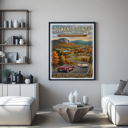 Vintage travel poster for Pickens County, South Carolina, featuring fall foliage and cars.