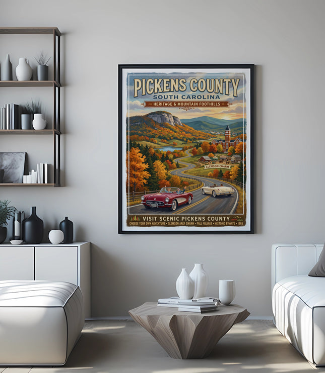 Vintage travel poster for Pickens County, South Carolina, featuring fall foliage and cars.