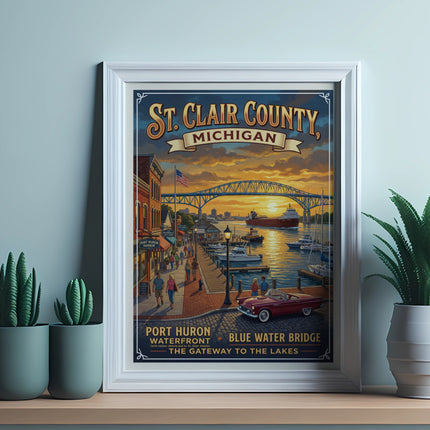 St. Clair County, Michigan waterfront art with Blue Water Bridge and Port Huron harbor.