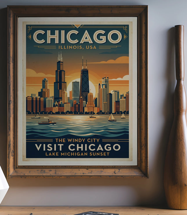 Chicago skyline art print on Lake Michigan at sunset with "Visit Chicago" text.