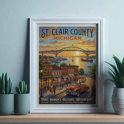 St. Clair County Michigan poster featuring Port Huron's historic waterfront and bridge.