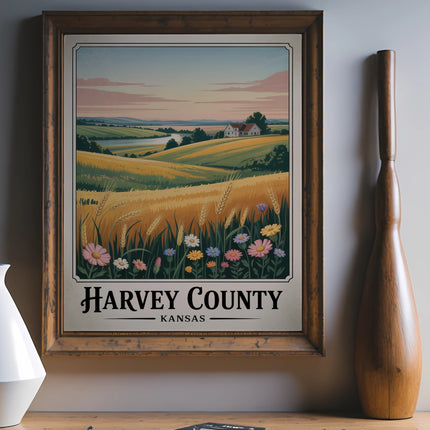 Vintage-style artwork of a Kansas wheat field with flowers and text "HARVEY COUNTY KANSAS".