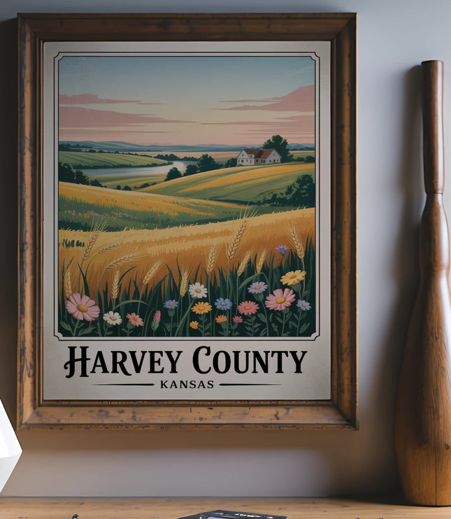 Vintage-style artwork of a Kansas wheat field with flowers and text "HARVEY COUNTY KANSAS".