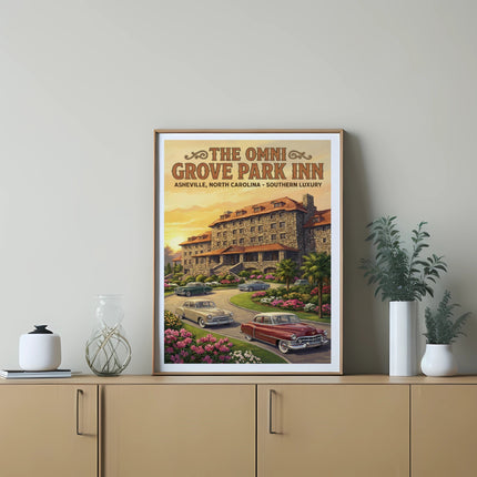 Vintage artwork of Omni Grove Park Inn with classic cars on a sunlit drive.